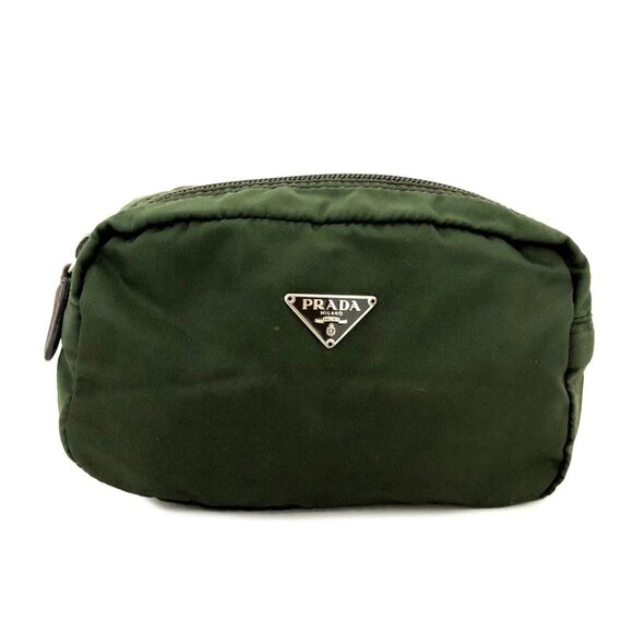 PRADA Logo Plate Nylon Cosmetic Pouch Bag Khaki/3BG0143 - Picture 1 of 8